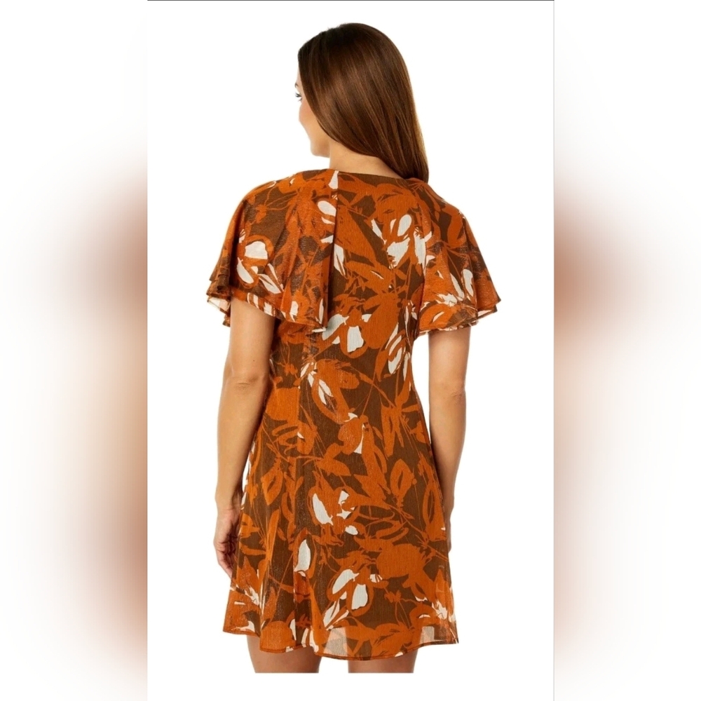 CALVIN KLEIN Flutter Sleeve Wrap Dress 'Earth Multi' Orange Rust Autumn Sz 16 - Picture 3 of 13